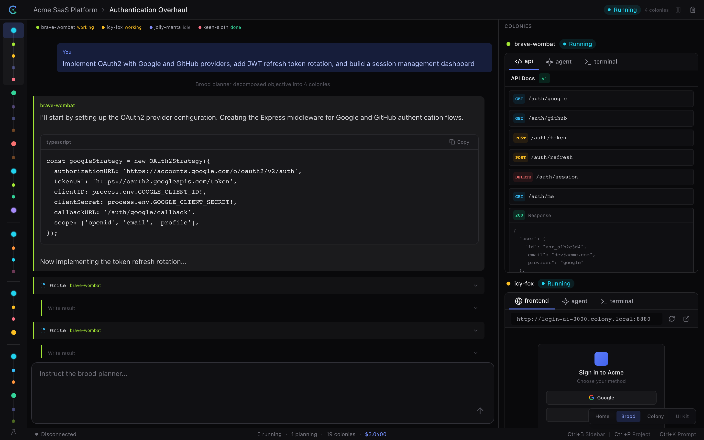 Brood detail view showing parallel agent chat and colony preview cards